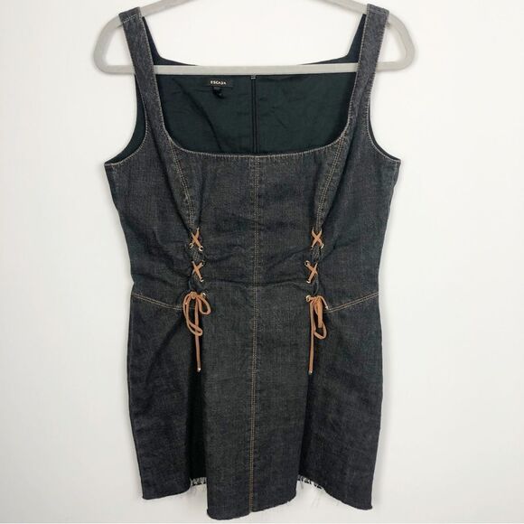 ESCADA | Denim Look Lace Up Front Square Neck Super Mini Women’s Size 40 (10) - Picture 1 of 7